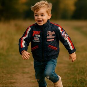 Original Marines Boys Racing Jacket 4/5 Navy Blue Red White Zip Pockets Patches